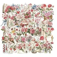 【T04】シール 50枚 PET ステッカー 手紙 薔薇 花 コラージュ素材