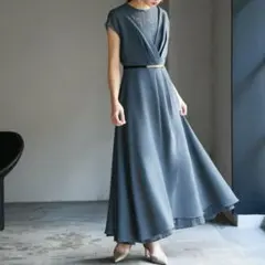 【美品】GIRL カシュクール風レース切替え フレア ロングドレス パールベルト