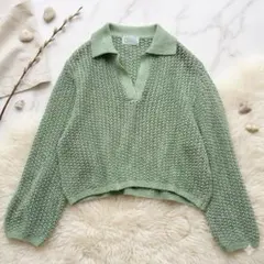 美品✨ ルフトローブ 透かし編みニット スキッパーカラー グリーン Mのサムネイル