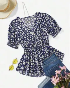 SHEIN シーイン　デイジープリント ウエストシンチ ショートスリーブシャツL