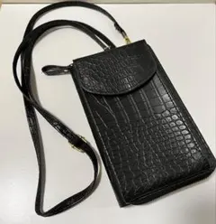 黒 型押しレザー風 スマホショルダー 財布付き