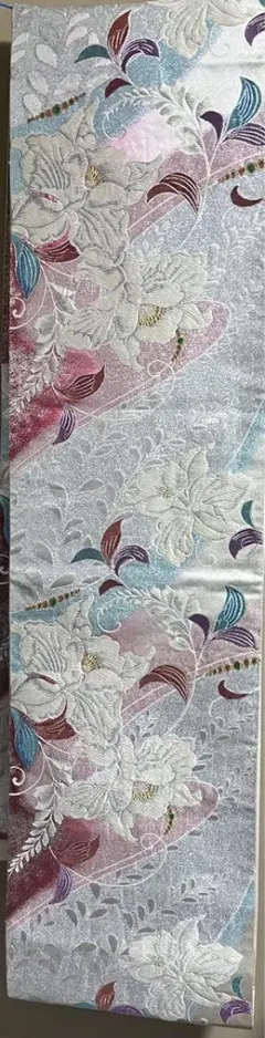 シルバー 花柄刺繍 袋帯 スパンコール袋帯