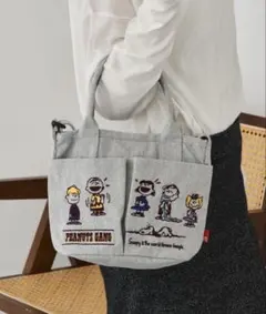 ■美品■ ROOTOTE スヌーピー 刺繍トートバッグ　ライトグレー