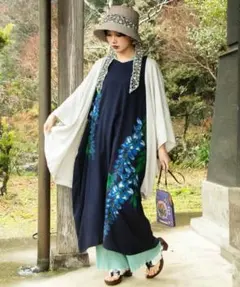 濃藍 ＵＶカット加工 紫藤羽織付きワンピース 和柄 和モダン 和服 レトロモダン