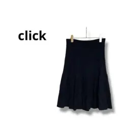 【click】膝丈ニットスカート　フレア　ウール　刺繍　黒　M〜L