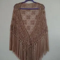 ベージュ フリンジ付きレースストール