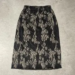 VINTAGE 薔薇柄スカート 黒×ベージュ F ウエスト総ゴム ミディ丈