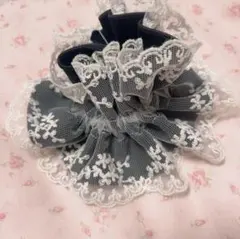 ベロアとレースのシュシュ♡オフホワイト×黒♡リバーシブル♡新品未使用