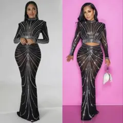 社交ダンス ステージ衣装 パーティードレス 総柄 黒 シルバーL