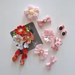 花モチーフ 髪飾りセット つまみ細工 赤 七五三 初詣 卒園式 卒業式