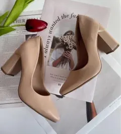 【新品】ベージュ パンプス 25.5cm 太ヒール 安定感 フォーマル 通勤