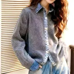 大人気！デニム襟 ボタンニットカーディガン チャコール トップス デニムシャツ