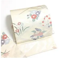 正絹【二部式　名古屋帯】白　華模様　簡単装着　和装　中古　リサイクル品