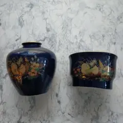 濃紺 花と鳥の金彩 花器セット