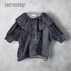 【nemne】　ビッグカラー　デニムブラウス　ブラック　洗える　春夏　黒　綿のサムネイル