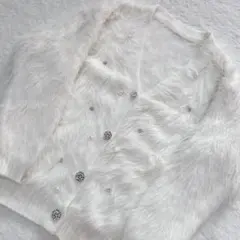 JIANHU ニット ファー カーディガン ビジュー パール Ｖネック 白