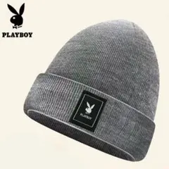 帽子 ニット帽 ロゴ メンズ もこもこ 裏地ボア 新品 ビーニー灰playboy
