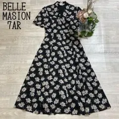 【ベルメゾン BELLE MAISON】総花柄　開襟半袖ロングワンピース　黒7号