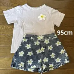 SMILEY FACE☻ 95cm 薄紫Tシャツ　デニムショートパンツ