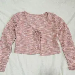 リボン付きクロップドニット カーディガン レディース ピンク Lサイズ