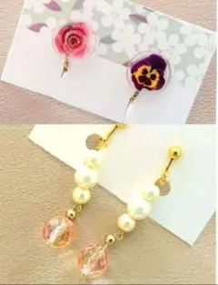 冬春アクセサリーイヤリング2点セット 花×パール 上品 大人可愛い ハンドメイド