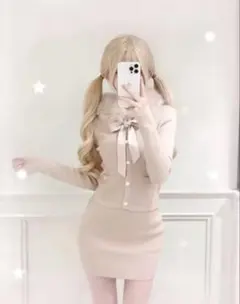 miu系穿搭 長袖ワンピース　ニットワンピース　ワンホン　量産型　ピンク 韓国