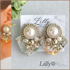 #859 大ぶり/ビーズ/インド刺繍リボン/パール/ゴールド/ハンドメイドピアス