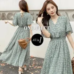 【4/25〜4/29発送不可】大人可愛いワンピース 夏用 グリーン系 花柄