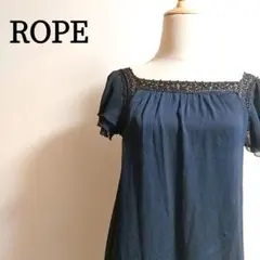ど*つ様 ロペ シフォン 半袖チュニック ネイビー ビーズ& レース編み 裾バルのサムネイル