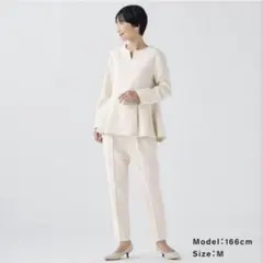 PLST フェイクパールブラウスパンツセットアップ（長袖）　白　ベージュ　M