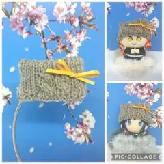 【小さめ】選べるリボンカラー☆ぬい用 アラン模様のネコ耳ニット帽（グレージュ）