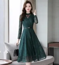 結婚式ドレス パーティードレス 二次会 大きいサイズ グリーン 袖あり プチプラ