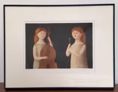 ブエノ「笛のレッスン」リトグラフ 少女像 人物画 額装 イタリア美術