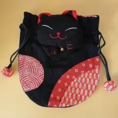 ちりめん　猫デザイン　巾着ポーチ