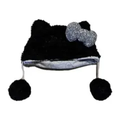 ハローキティ　猫耳黒帽子 グリッターリボン付き