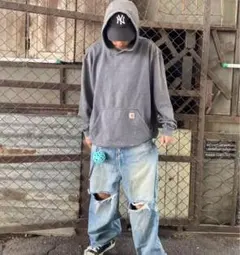 古着ダメージ、フェードあり90sCarhartt ネイビーパーカー フード付き