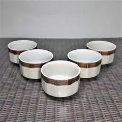 【昭和レトロ・未使用】茶色いラインの湯飲み　5客セット　十二角形