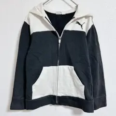 PUMAプーマ バイカラー パーカー フード 長袖 バックプリントS 黒白 綿