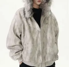 グレー ファー付きフード ジャケット L
