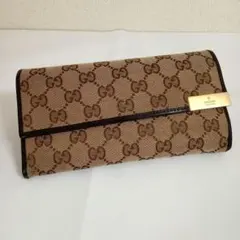 良品グッチ　キャンバスGG柄　長財布　ゴールドプレート男女兼用