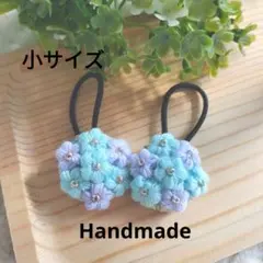ハンドメイド 小花モチーフのヘアゴム （パステルグリーン×パープル）２個セット