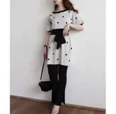 新品 ROYAL PARTYドット柄バルーンスリーブ ニットチュニック FREE