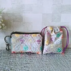 インド刺繍リボン　2点セット　ミニポーチ　ミニ巾着袋　小物入れ　アンティーク調