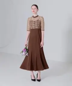 レース花柄透け切り替えロング丈マーメイドフレアワンピースドレス結婚式