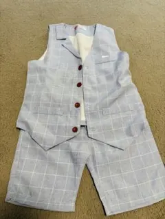 水色 チェック柄 ベスト ショートパンツ 140cm