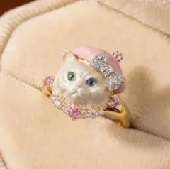 猫モチーフ リング ピンクベレー帽 オッドアイのサムネイル