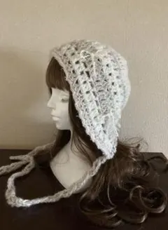 ボンネット ニット帽 バラクラバ 手編み かぎ編み 森ガール y2k ピ白グレー