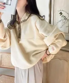 《JaVa ジャバコラボ》新あったかItem配色フリースプルオーバー　アイボリー