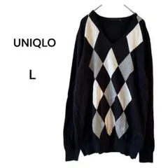 ユニクロ セーター ニット Vネック カジュアル おしゃれ アーガイル 綿 黒