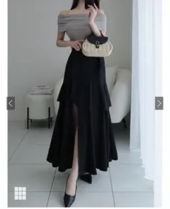 GRL アシンメトリーラッフルスリットスカート［ask137］ブラック M